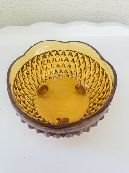 Vintage Amber Diamond Point Three-Footed Dish