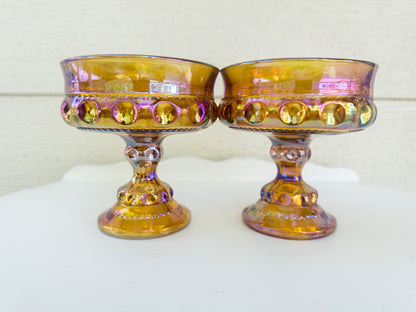 Vintage Marigold Carnival Glass King's Crown Compote, Set of 2