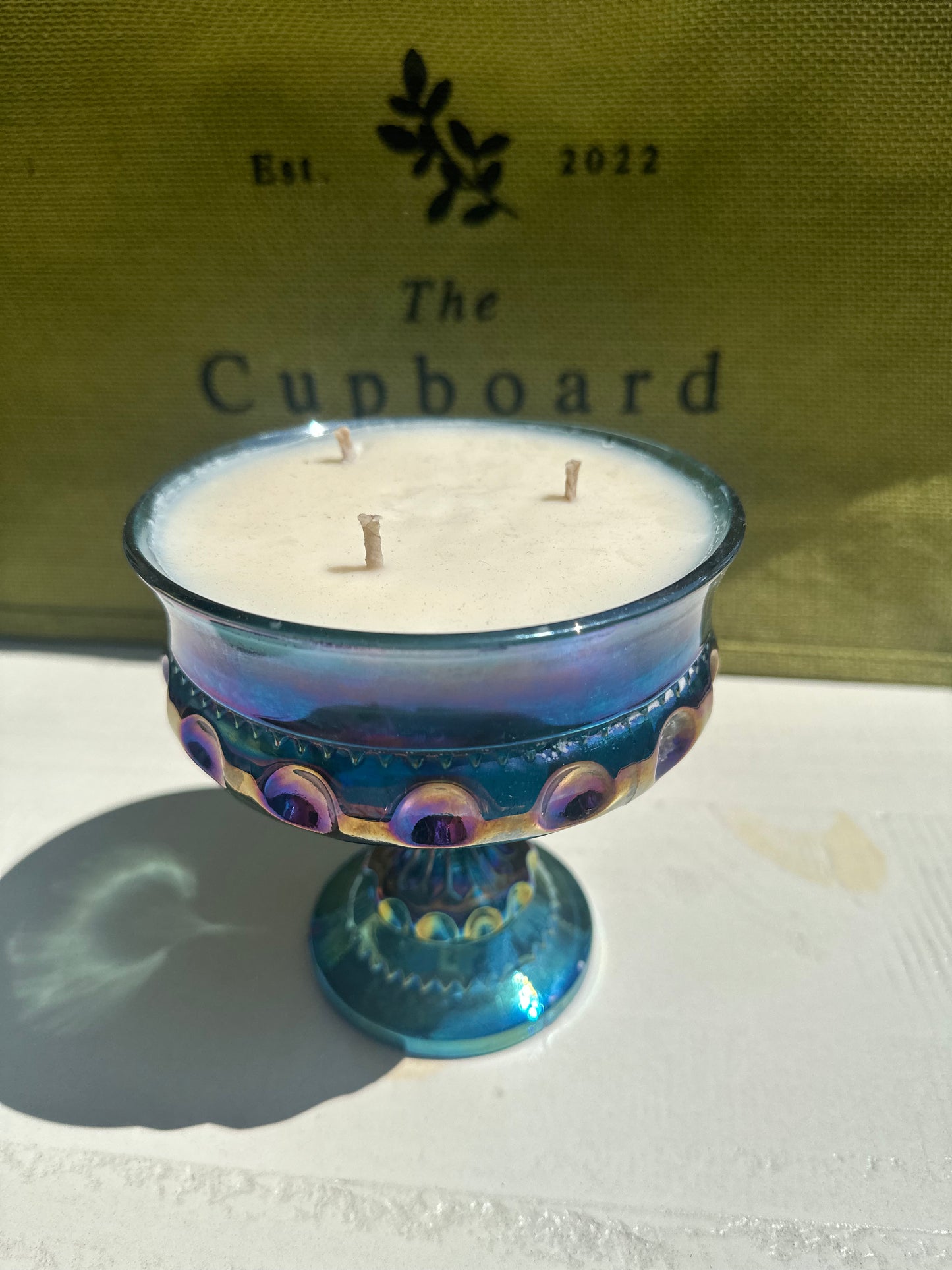1960's Blue Iridescent Carnival Indiana Glass Pedestal Compote Candle