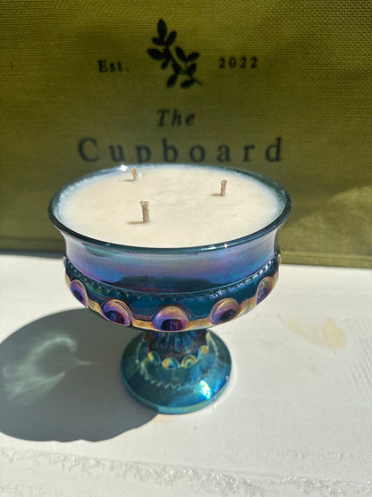 1960's Blue Iridescent Carnival Indiana Glass Pedestal Compote Candle