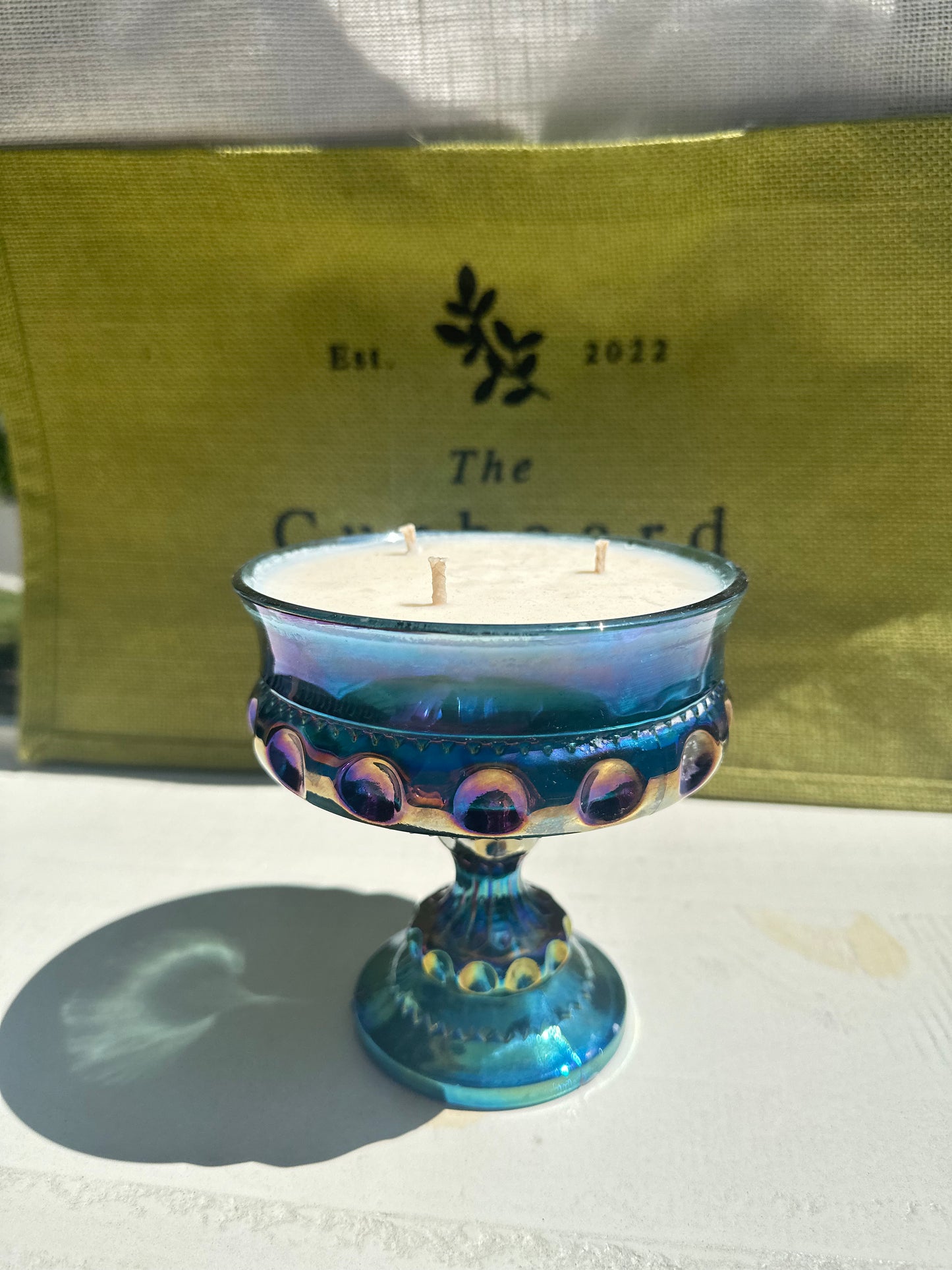 1960's Blue Iridescent Carnival Indiana Glass Pedestal Compote Candle