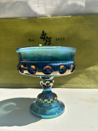 1960's Blue Iridescent Carnival Indiana Glass Pedestal Compote Candle