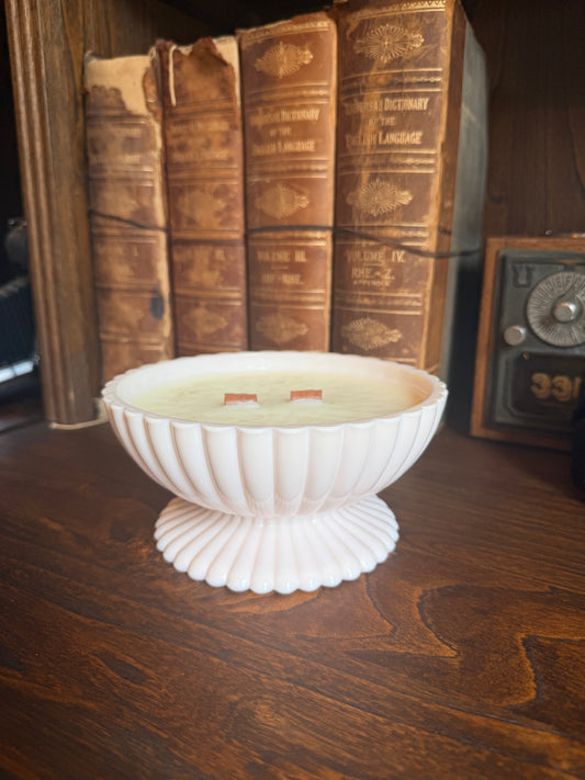 Vintage Jeannette Shell Pink Milk Glass Fluted Pedestal Bowl, w 12oz Candle