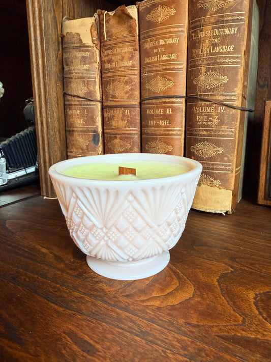 Vintage Pink Milk Glass Pressed Glass Bowl w/ Diamond and Fan Pattern, Candle 15oz