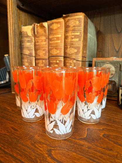 S/8 Vintage Glass Tumblers w/ Orange Tulip + White Leaf Design