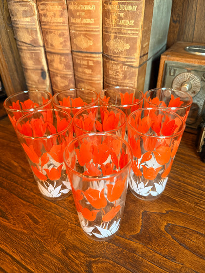 S/8 Vintage Glass Tumblers w/ Orange Tulip + White Leaf Design