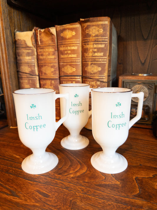 S/3 Vintage Milk Glass Irish Coffee Mugs w/ Gold Trim & Shamrocks