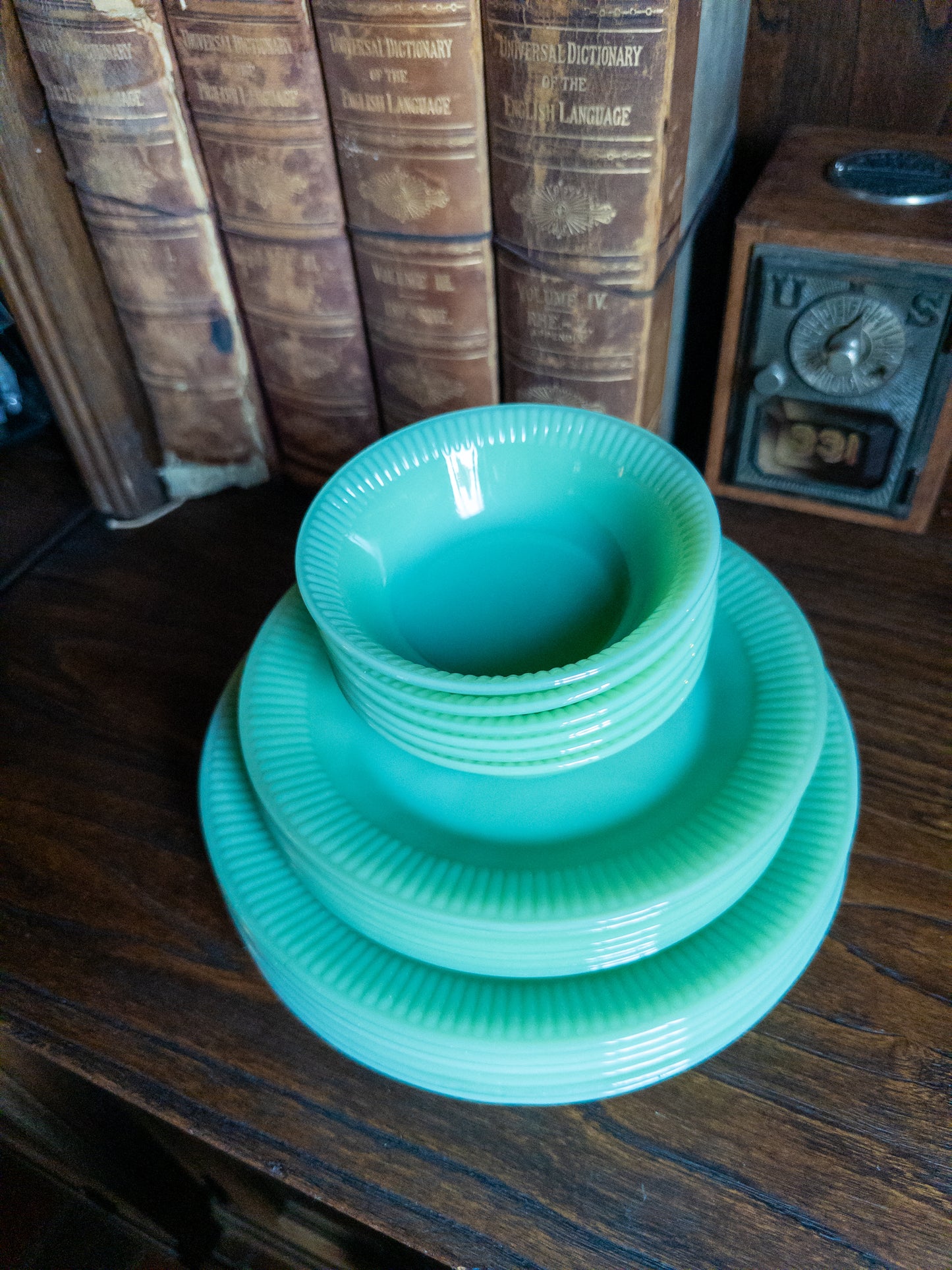 Set of 6, Vintage Anchor Hocking Jane Ray Jadeite Ribbed Set