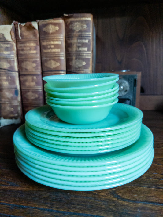 Set of 6, Vintage Anchor Hocking Jane Ray Jadeite Ribbed Set