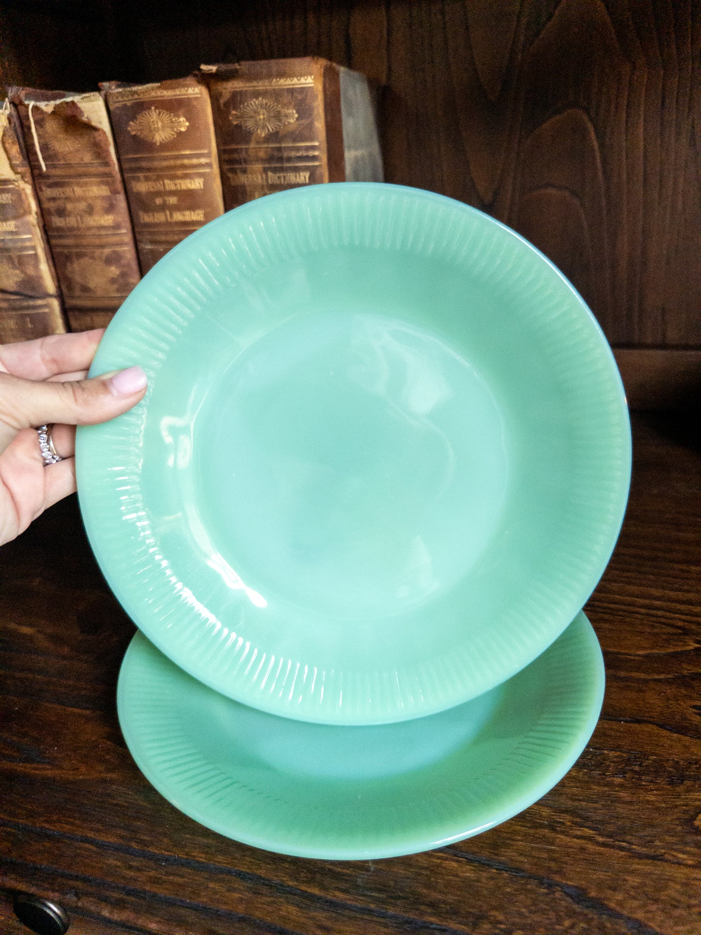 S/2 Vintage Fire-King Jane Ray Jadeite 9 1/8″ Dinner Plate