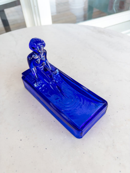 Vintage Cobalt Blue Art Deco Nude Glass Tray