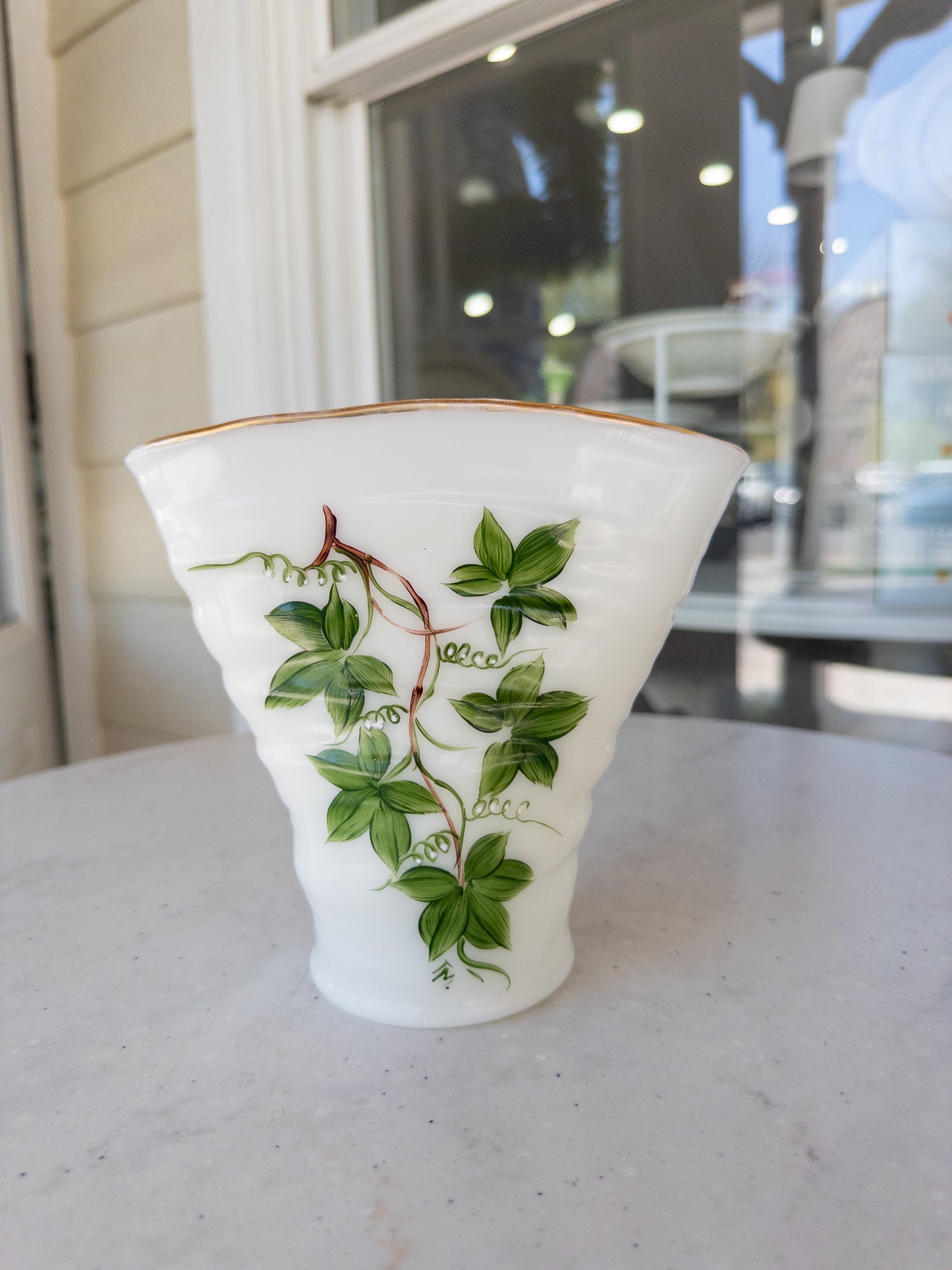 Vintage Hand-Painted Ivy Milk Glass Fan Vase w/ Gold Rim
