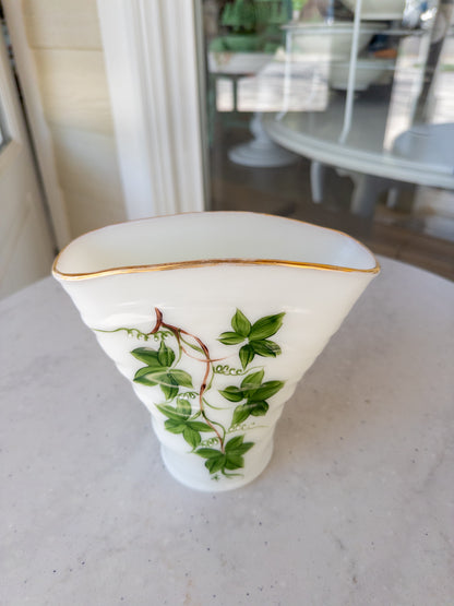 Vintage Hand-Painted Ivy Milk Glass Fan Vase w/ Gold Rim