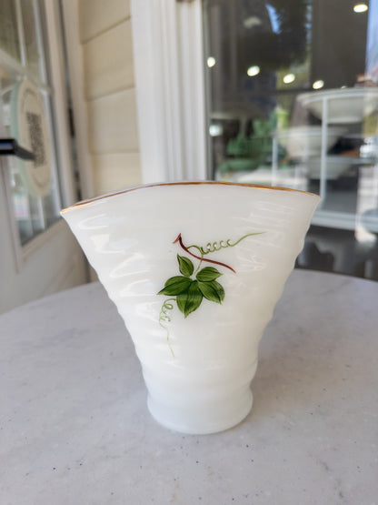 Vintage Hand-Painted Ivy Milk Glass Fan Vase w/ Gold Rim