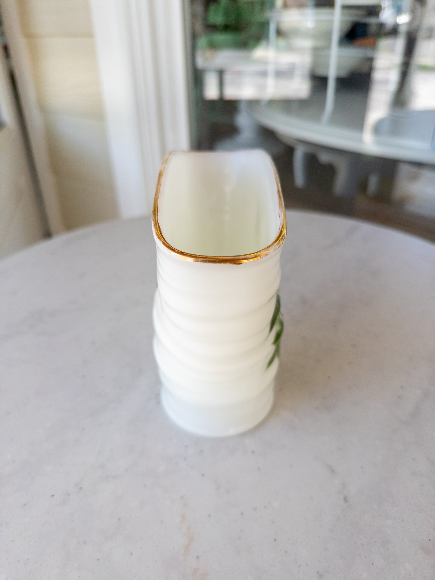 Vintage Hand-Painted Ivy Milk Glass Fan Vase w/ Gold Rim