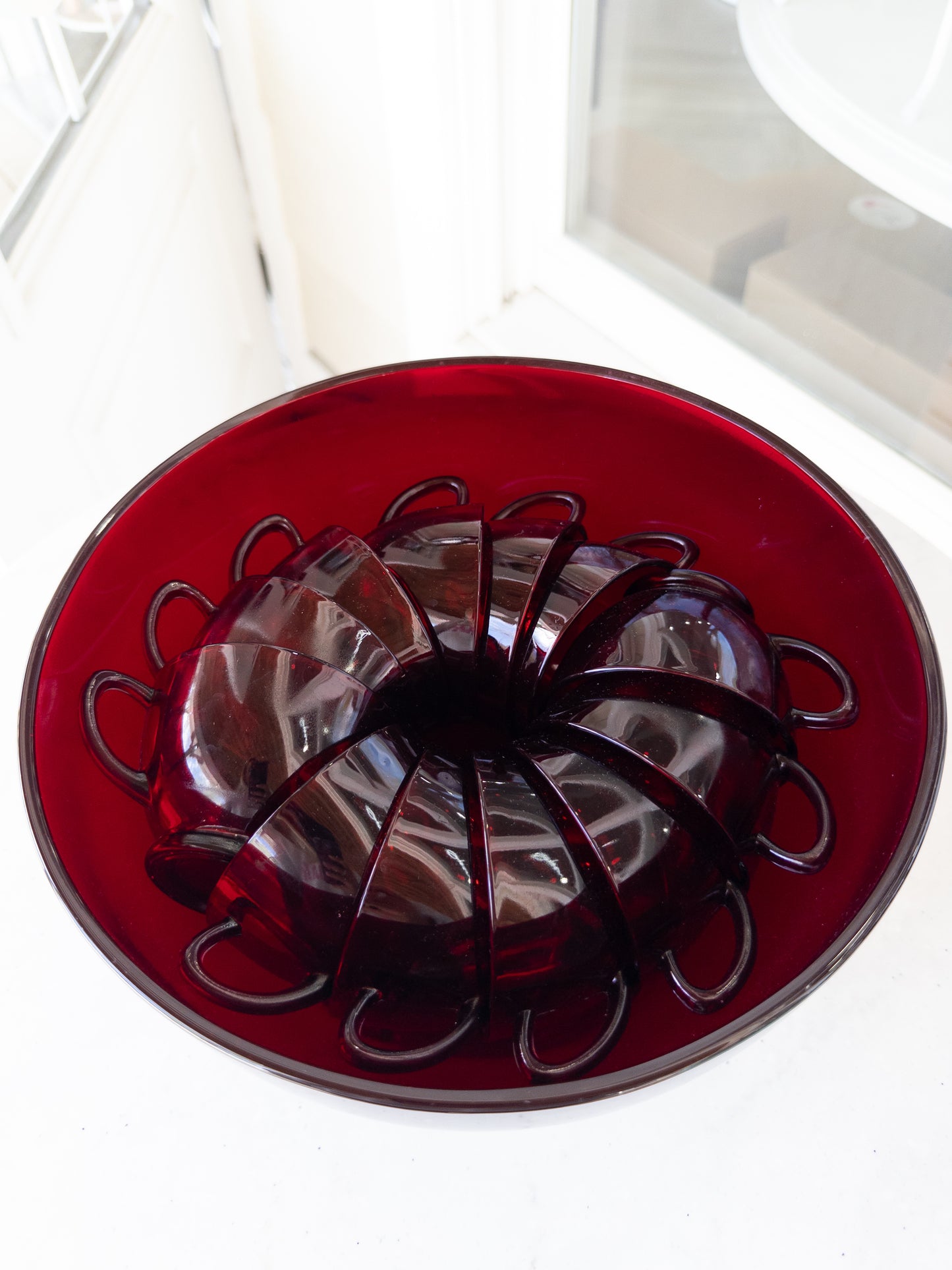 Vintage Anchor Hocking Ruby Red Glass Punch Bowl + Cup Set