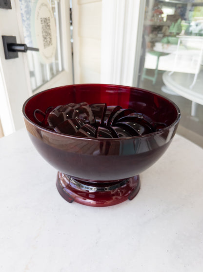 Vintage Anchor Hocking Ruby Red Glass Punch Bowl + Cup Set