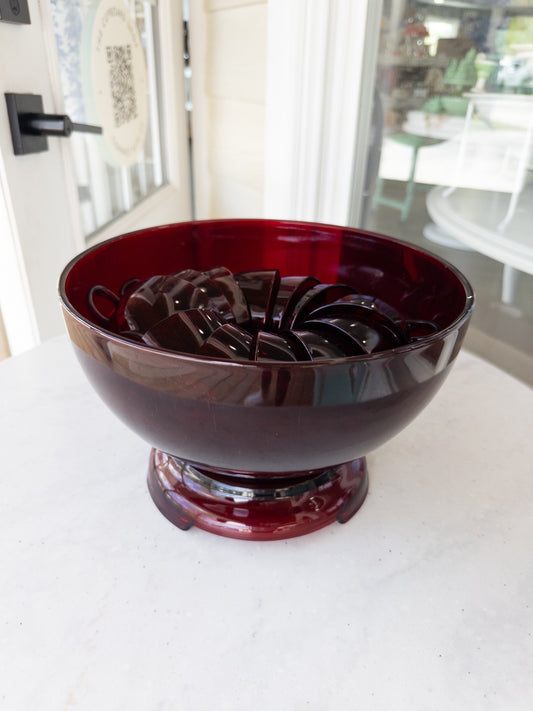 Vintage Anchor Hocking Ruby Red Glass Punch Bowl + Cup Set