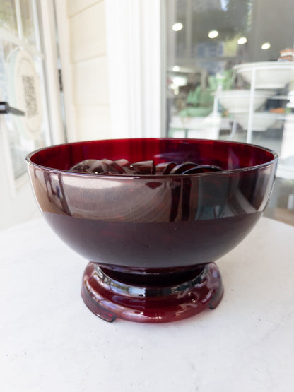 Vintage Anchor Hocking Ruby Red Glass Punch Bowl + Cup Set
