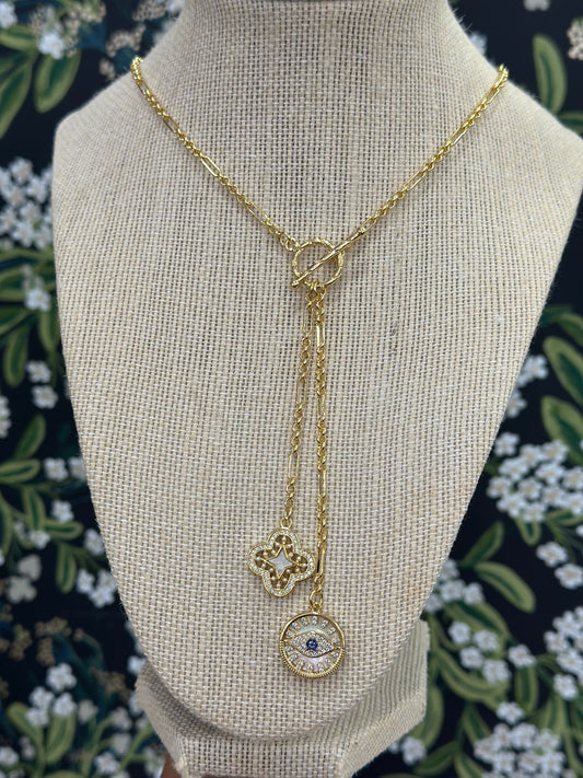Middle Gold Toggle Clover + Evil Eye Necklace