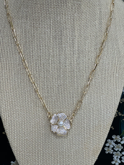 Pave + Pearl Gold Flower Paperclip Necklace