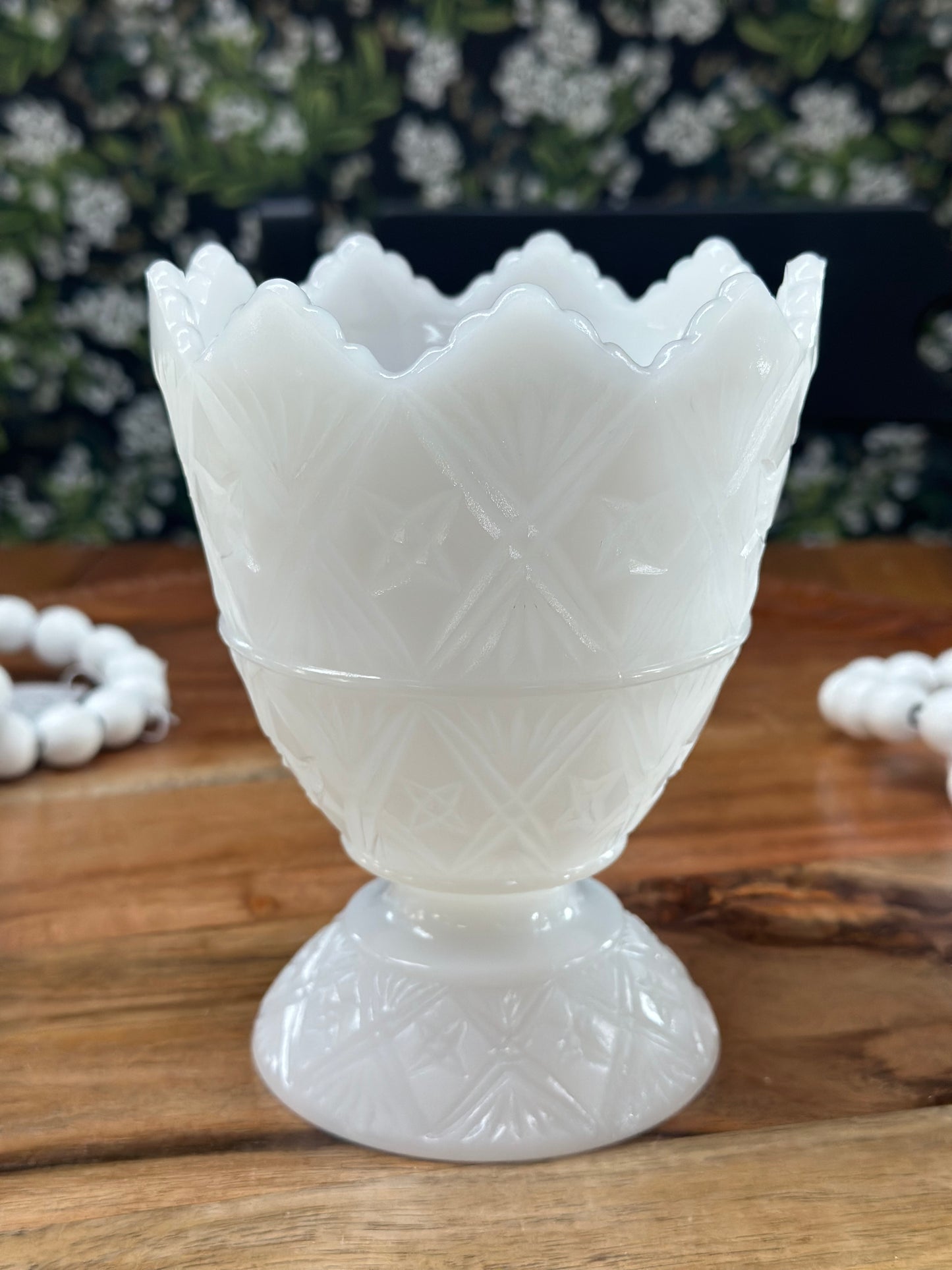 Vintage E.O. Brody Embossed Footed Milk Glass Vase