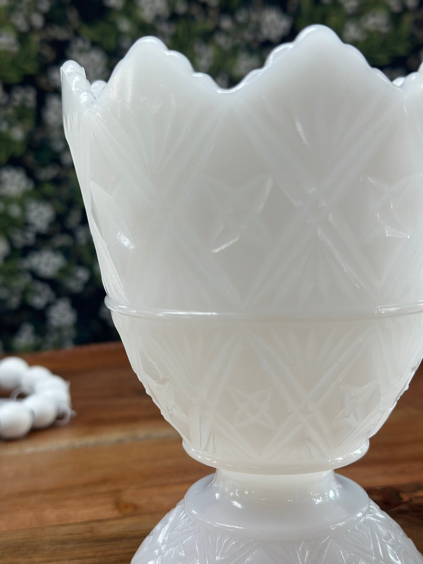 Vintage E.O. Brody Embossed Footed Milk Glass Vase