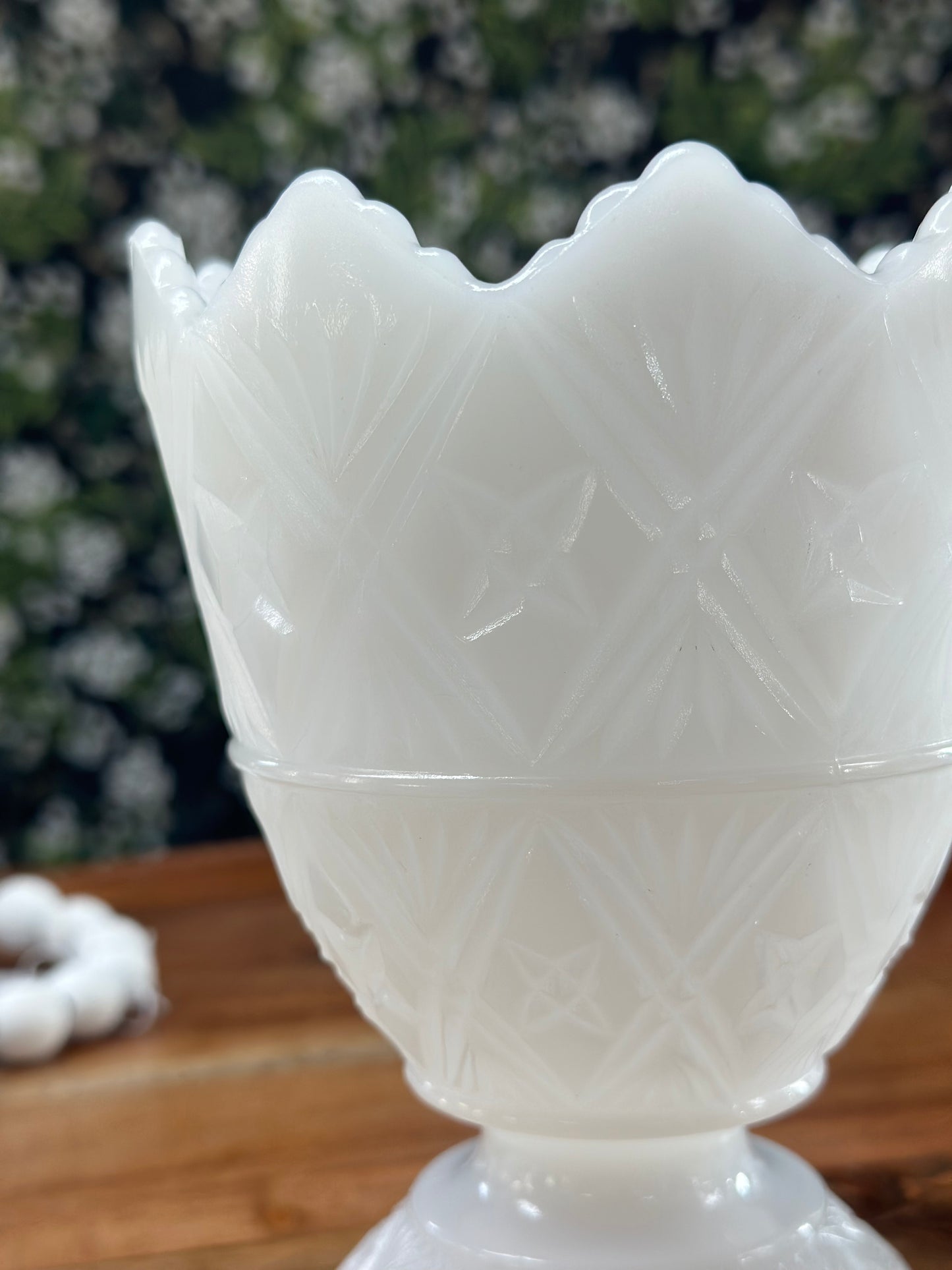 Vintage E.O. Brody Embossed Footed Milk Glass Vase