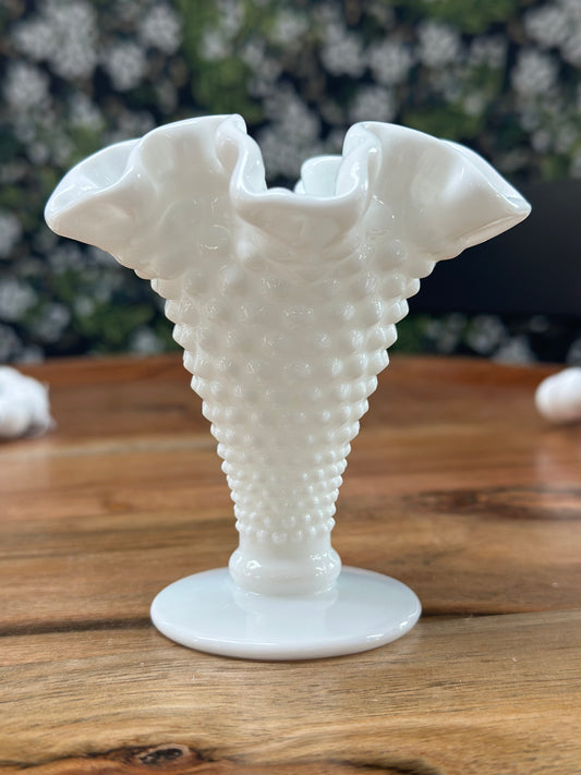 Vintage Fenton White Milk Glass Hobnail Small Trumpet Vase