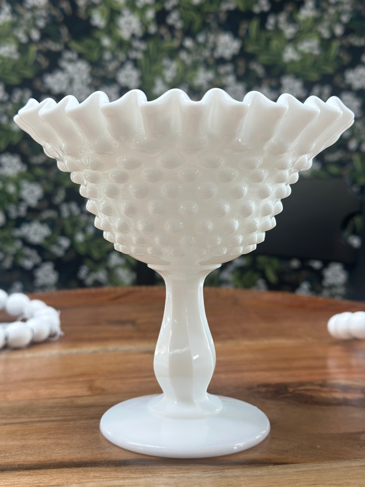 Vintage Fenton Hobnail Milk Glass Pedestal Ribbon Edge Compote Dish