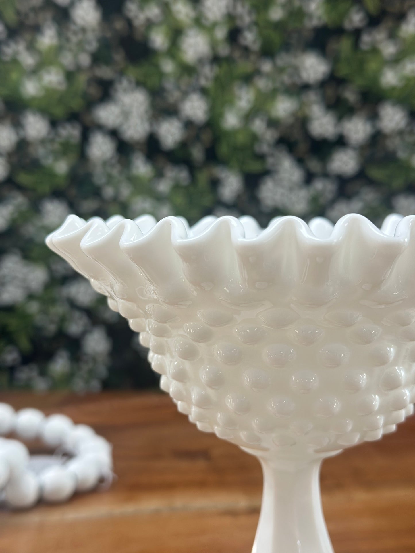 Vintage Fenton Hobnail Milk Glass Pedestal Ribbon Edge Compote Dish