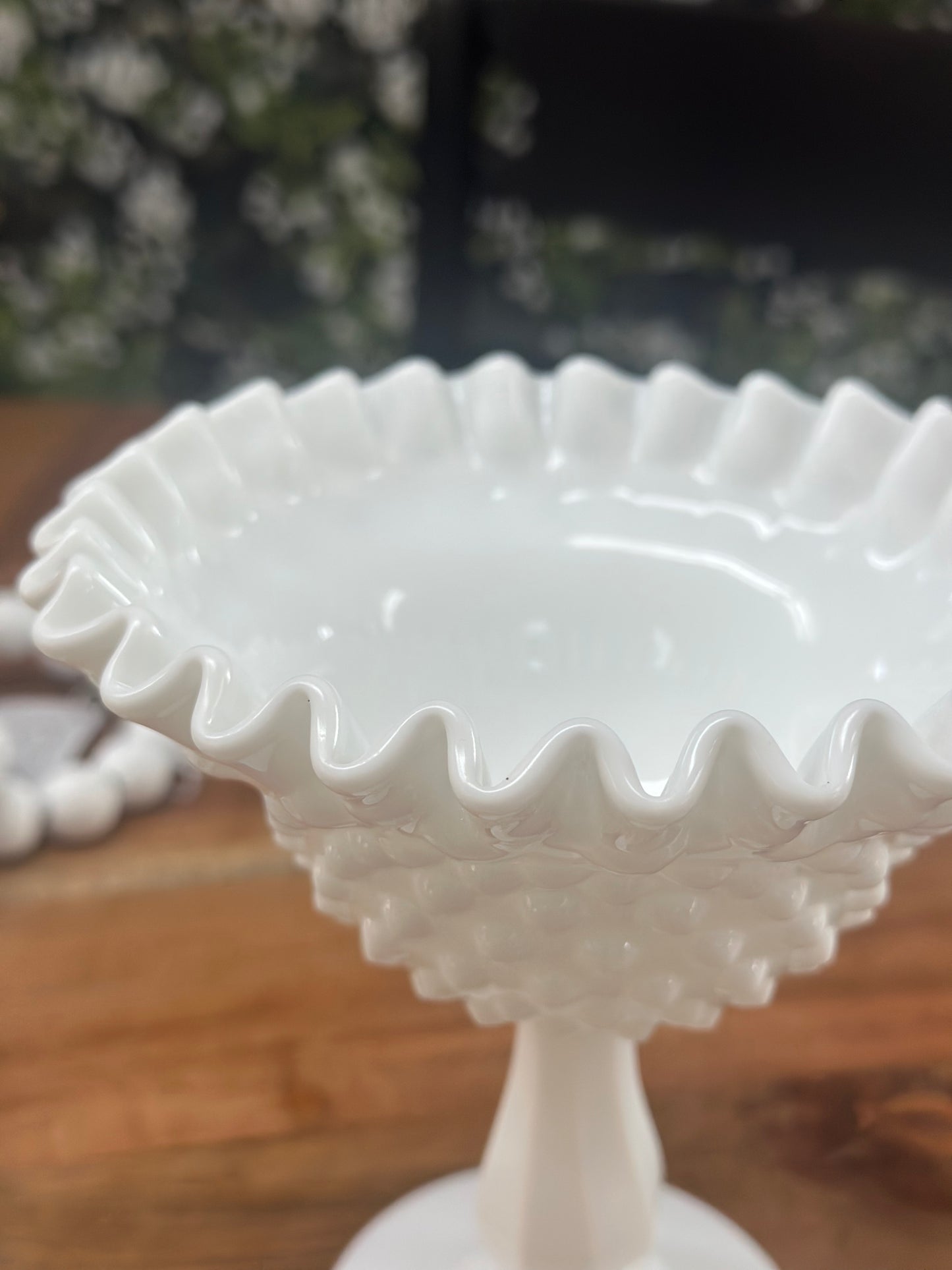 Vintage Fenton Hobnail Milk Glass Pedestal Ribbon Edge Compote Dish