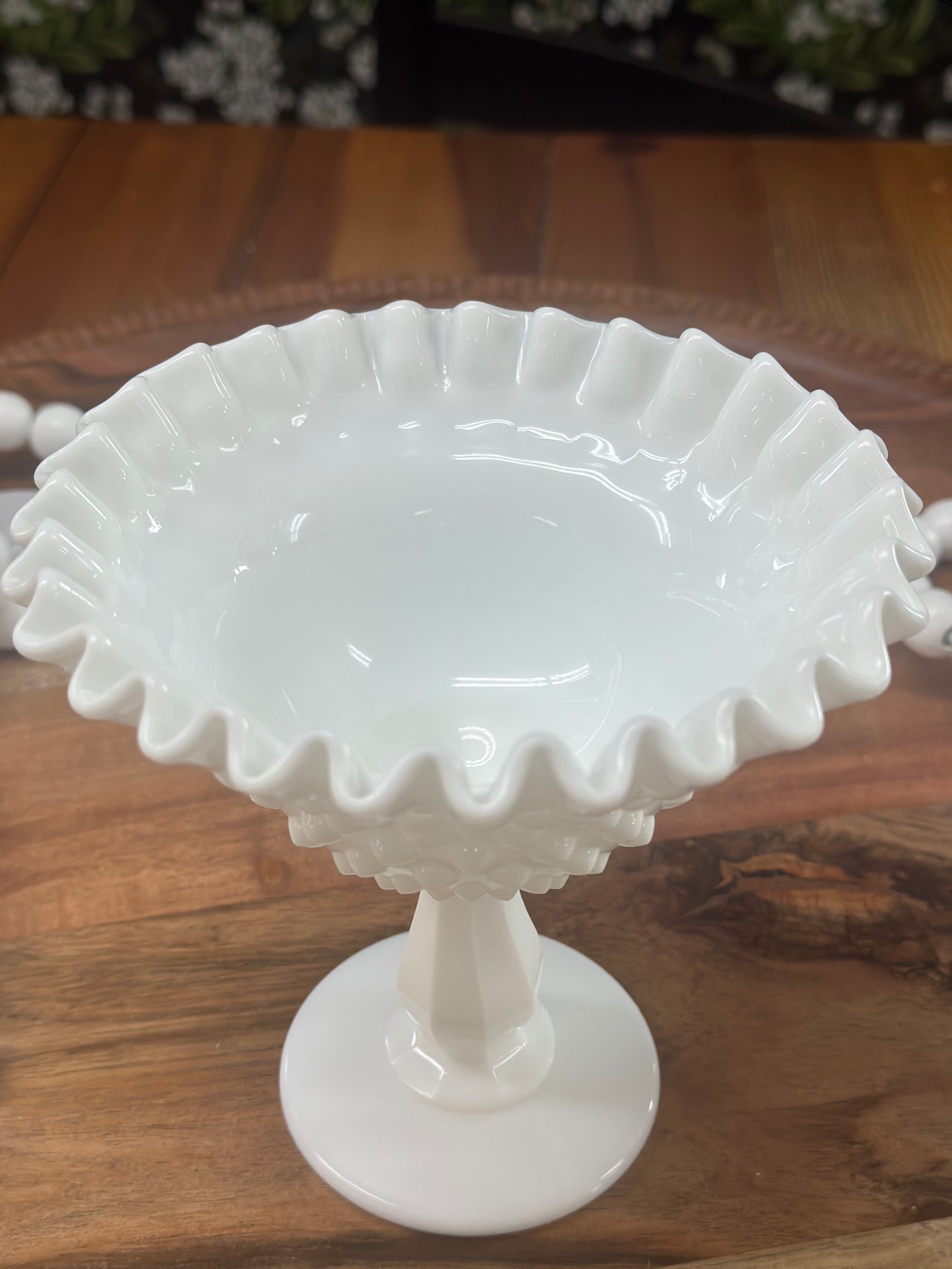 Vintage Fenton Hobnail Milk Glass Pedestal Ribbon Edge Compote Dish