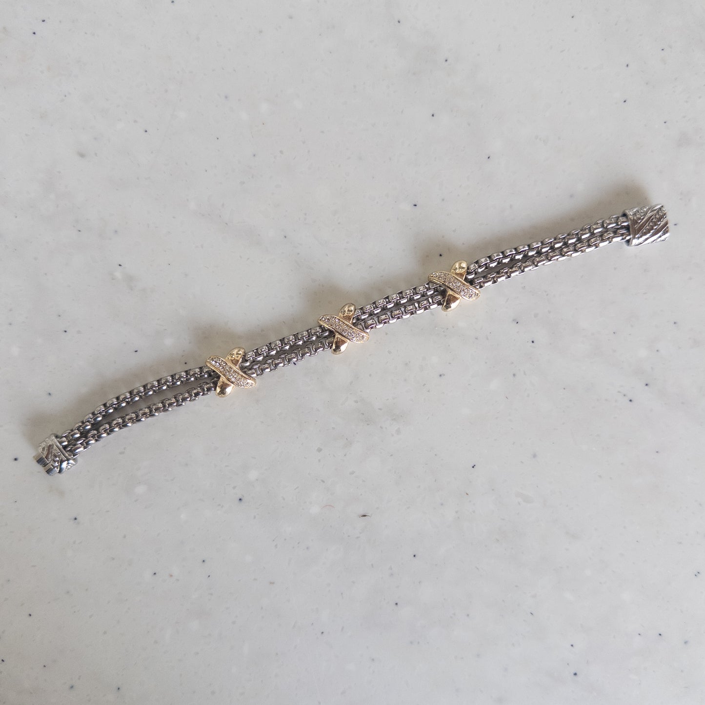 Two Strand Mixed-Metal "X' CZ Magnetic Bracelet