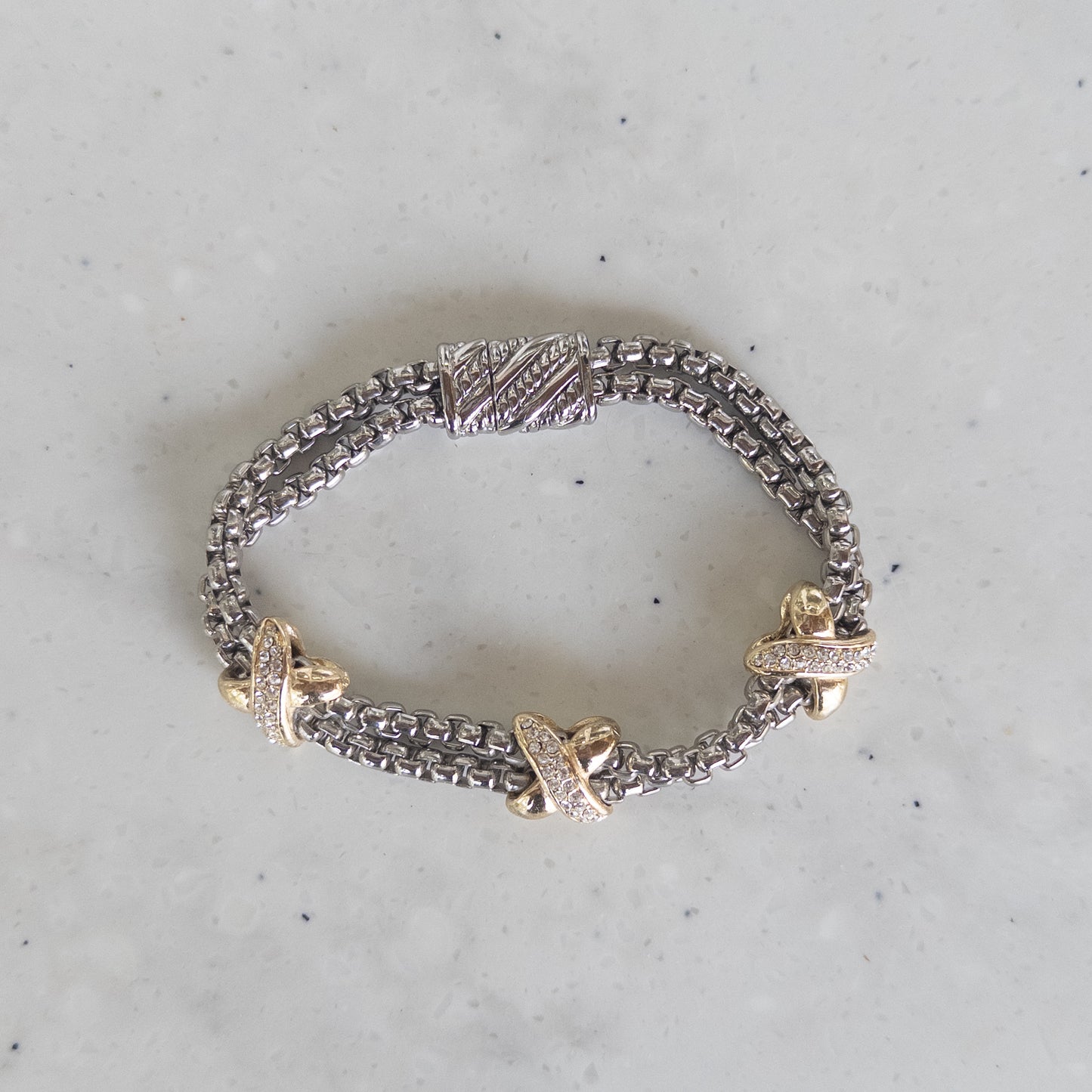 Two Strand Mixed-Metal "X' CZ Magnetic Bracelet