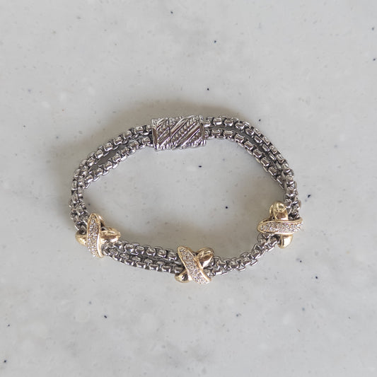 Two Strand Mixed-Metal "X' CZ Magnetic Bracelet