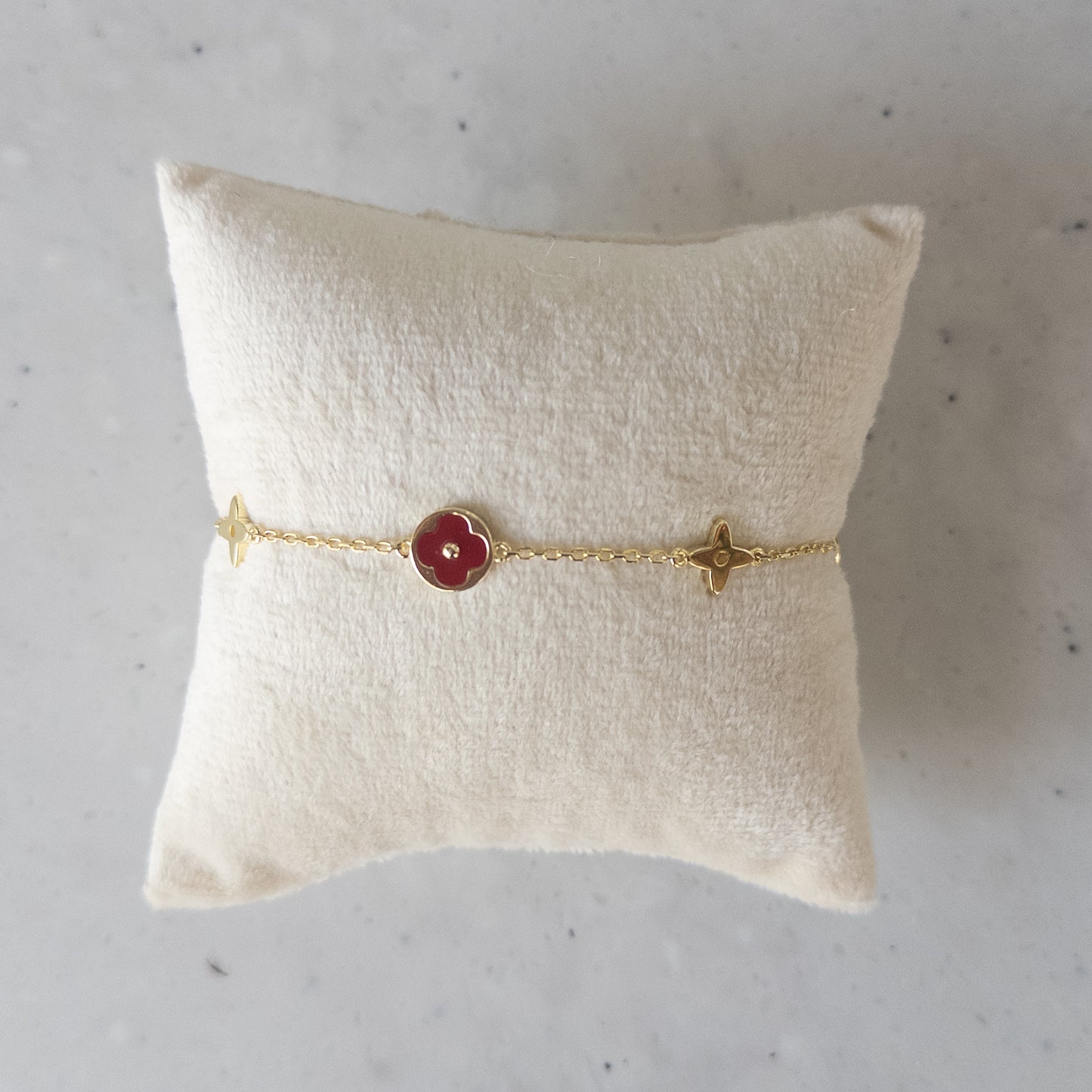 Dainty Gold Star + Red Clover Bracelet