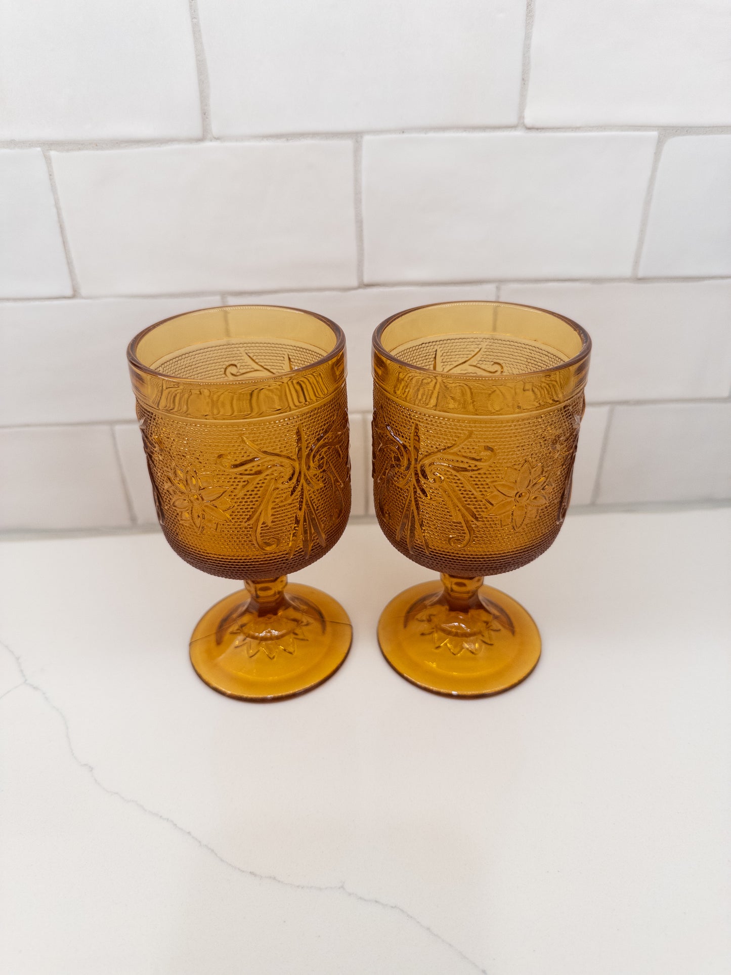Vintage Indiana Amber Tiara Sandwich Pattern Footed Goblet