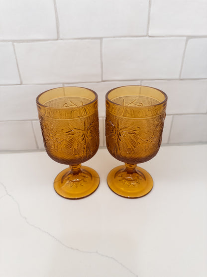 Vintage Indiana Amber Tiara Sandwich Pattern Footed Goblet