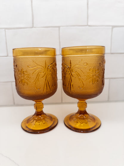 Vintage Indiana Amber Tiara Sandwich Pattern Footed Goblet