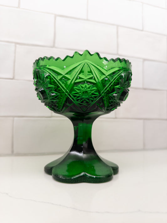 Vintage Wheaton Emerald Green Starburst Pressed Glass Compote