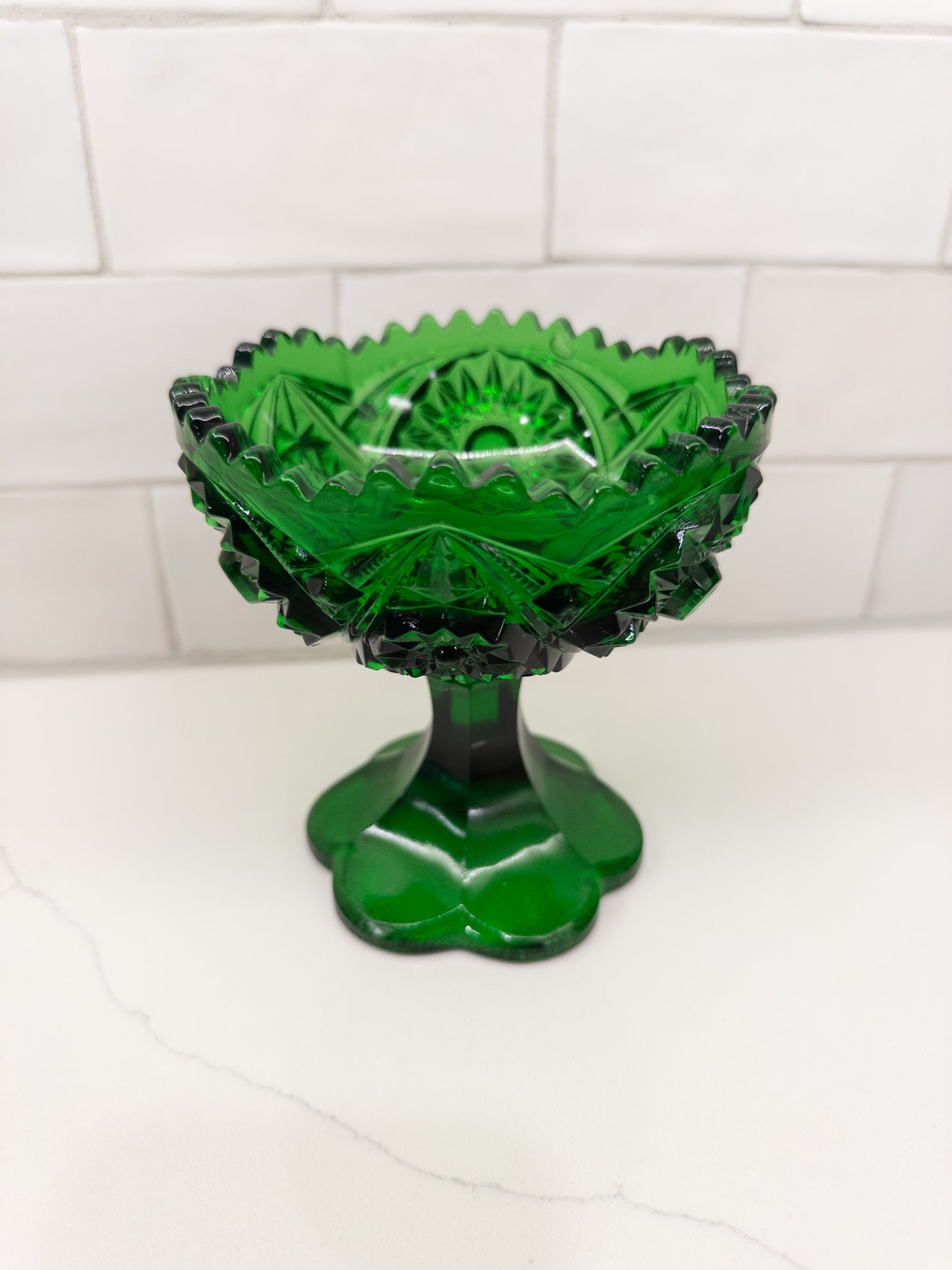 Vintage Wheaton Emerald Green Starburst Pressed Glass Compote