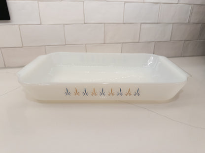 Vintage Anchor Hocking Fire-King Candle Glow Milk Glass Baking Dish w/ Blue Atomic Stars