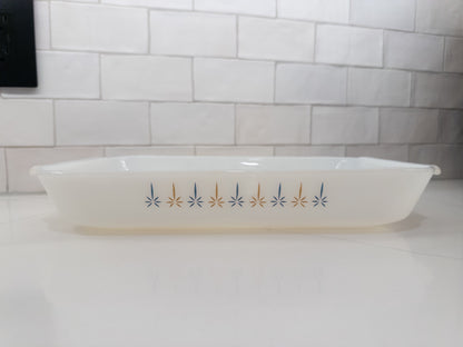 Vintage Anchor Hocking Fire-King Candle Glow Milk Glass Baking Dish w/ Blue Atomic Stars