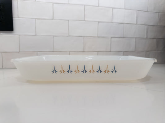 Vintage Anchor Hocking Fire-King Candle Glow Milk Glass Baking Dish w/ Blue Atomic Stars