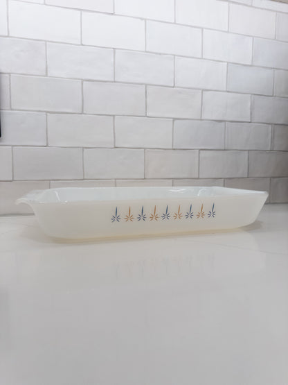 Vintage Anchor Hocking Fire-King Candle Glow Milk Glass Baking Dish w/ Blue Atomic Stars