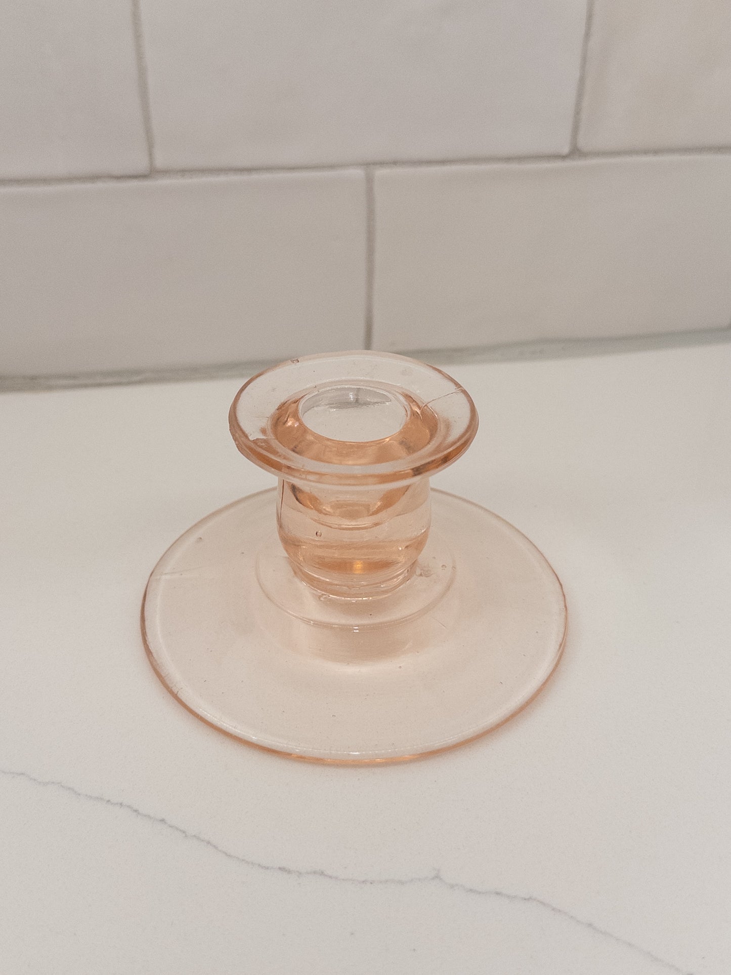 Vintage Pink Depression Glass Candlestick w/ Circular Base + Candle Cup