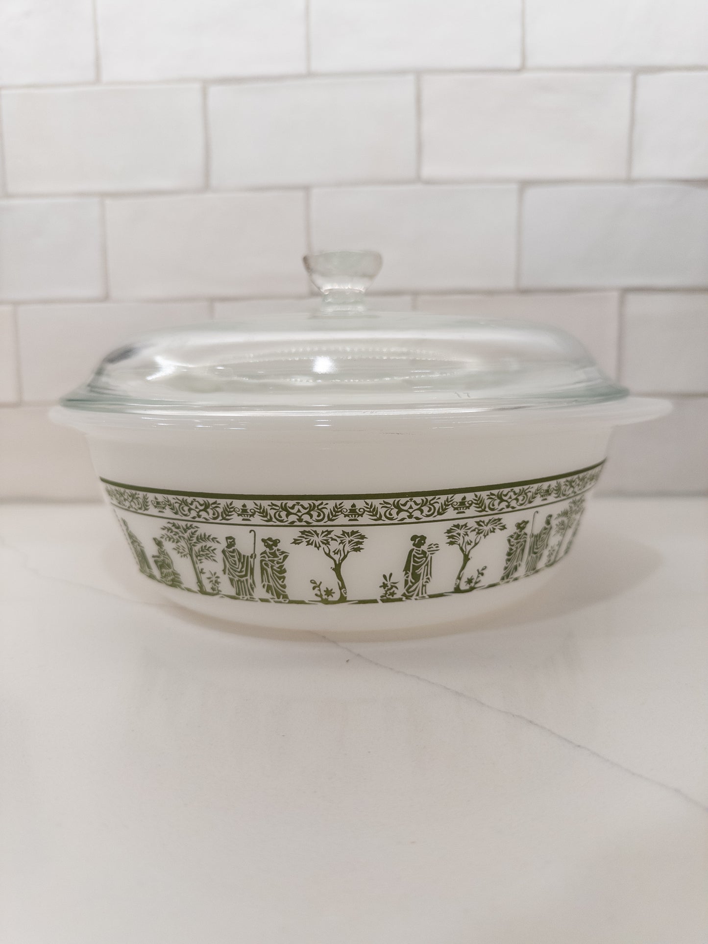 Vintage Jeannette Glass "Hellenic" Pattern Round Casserole w/ Lid