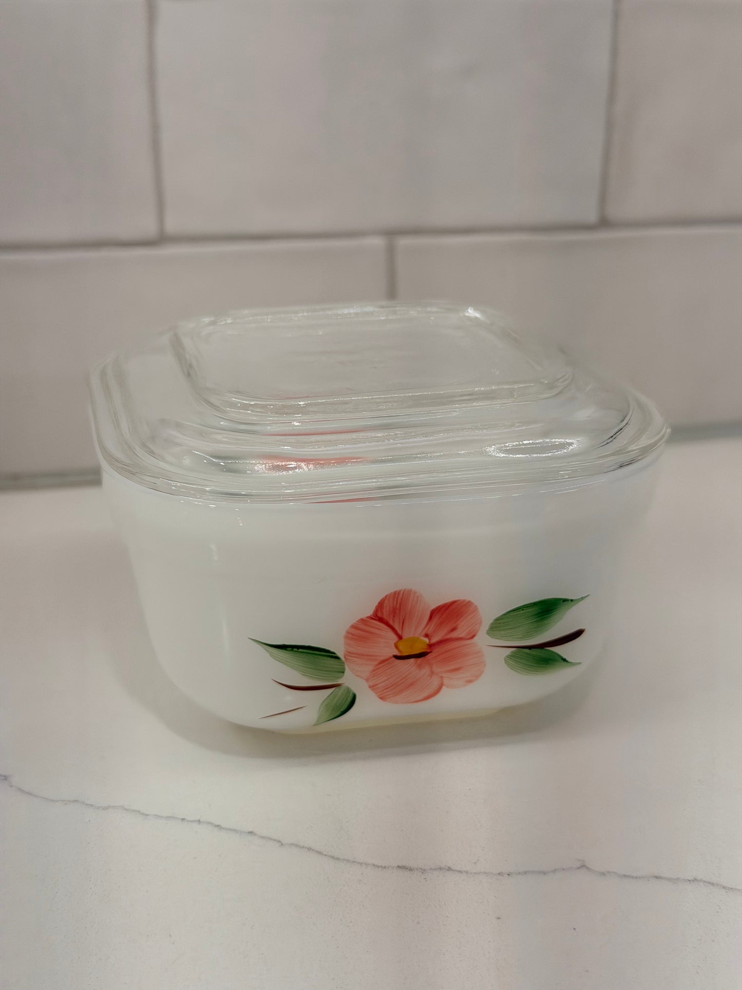 Vintage Fire-King Refrigerator Dish w/ Peach Blossom Pattern