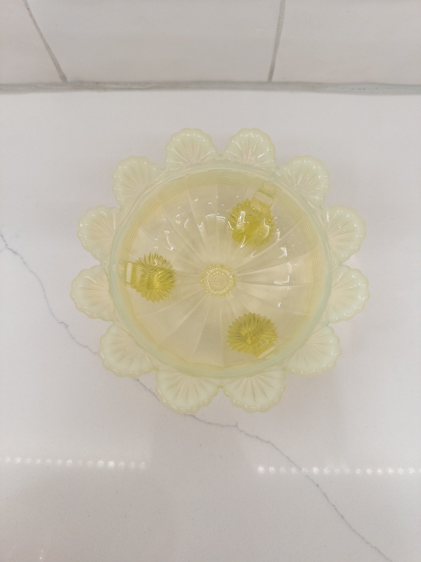 Vintage Northwood Vaseline Opalescent Ribbed Covered Footed Candy/Butter Dish